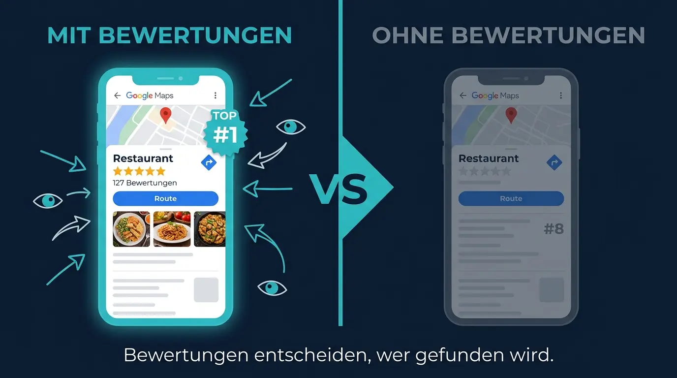 Vergleich Google Business Profile mit und ohne Bewertungen – Sichtbarkeit und Ranking-Unterschied in Google Maps