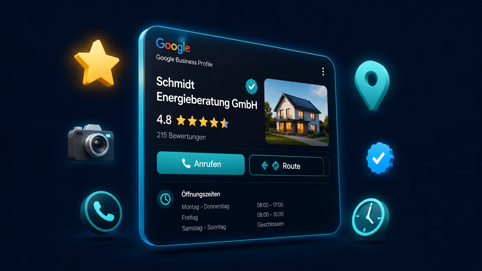 Google Business Profil von Schmidt Energieberatung GmbH mit 4,8 Sternen, Öffnungszeiten und Hausfotos als 3D-Panel