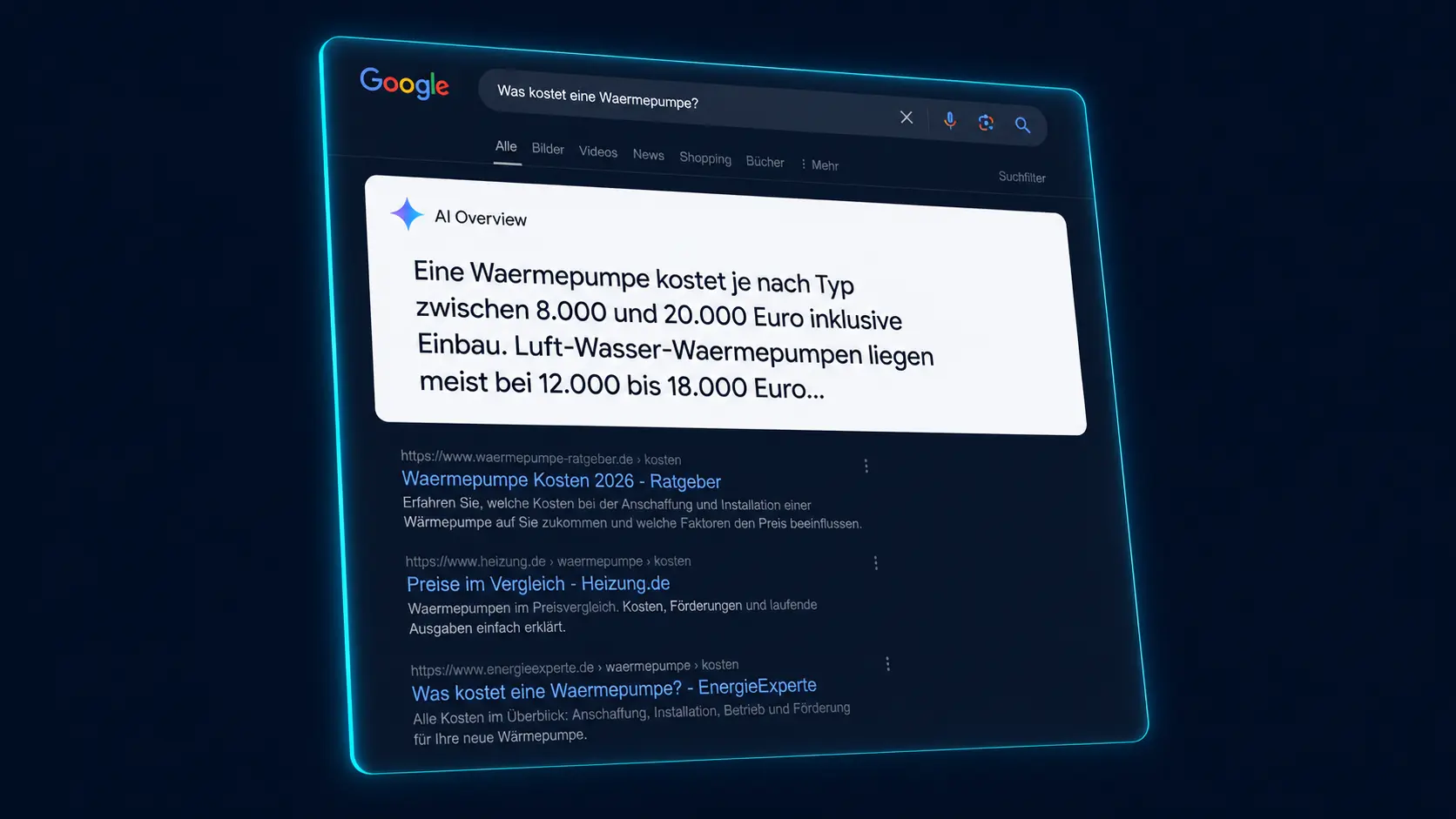 Google-Suchergebnis für Was kostet eine Wärmepumpe mit AI Overview Box die organische Ergebnisse nach unten verdrängt