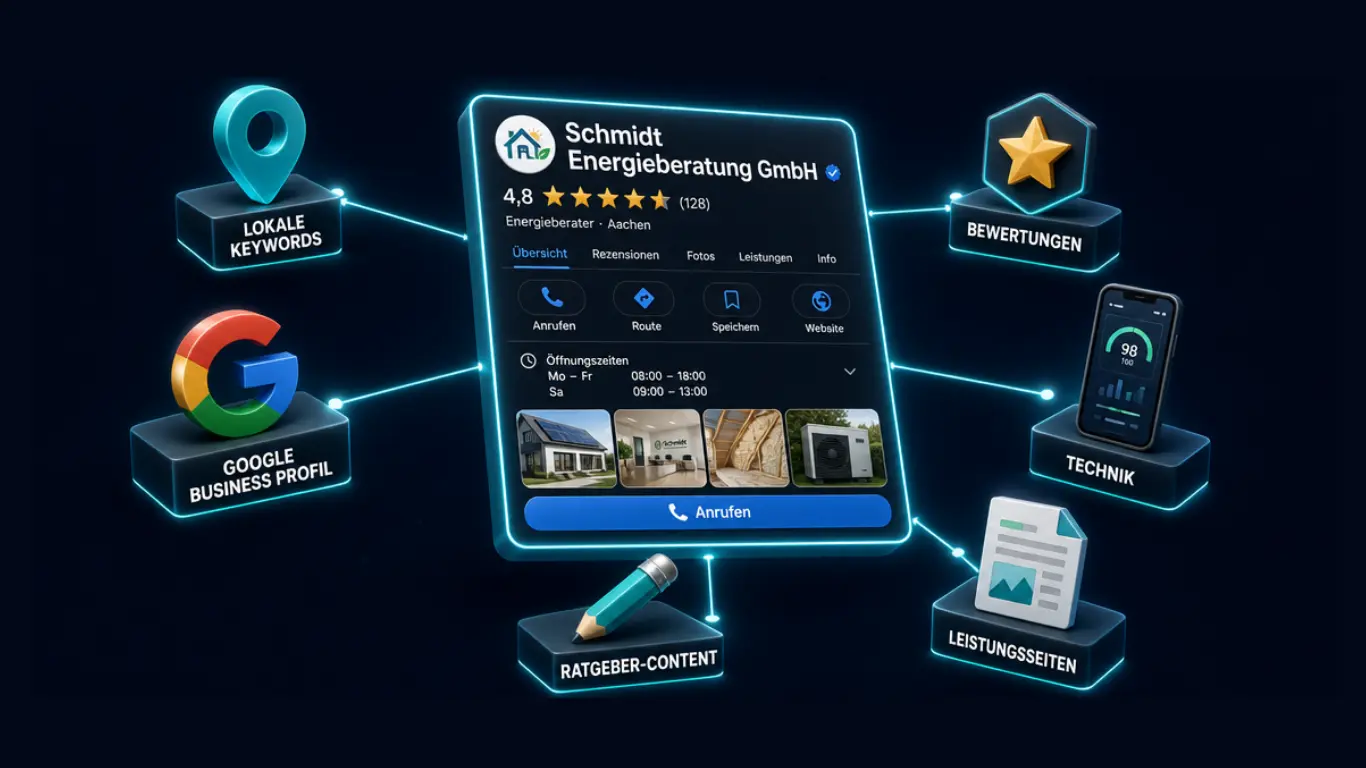 Google Business Profil von Schmidt Energieberatung GmbH als 3D-Panel mit den sechs SEO-Bausteinen als schwebende Icons drumherum