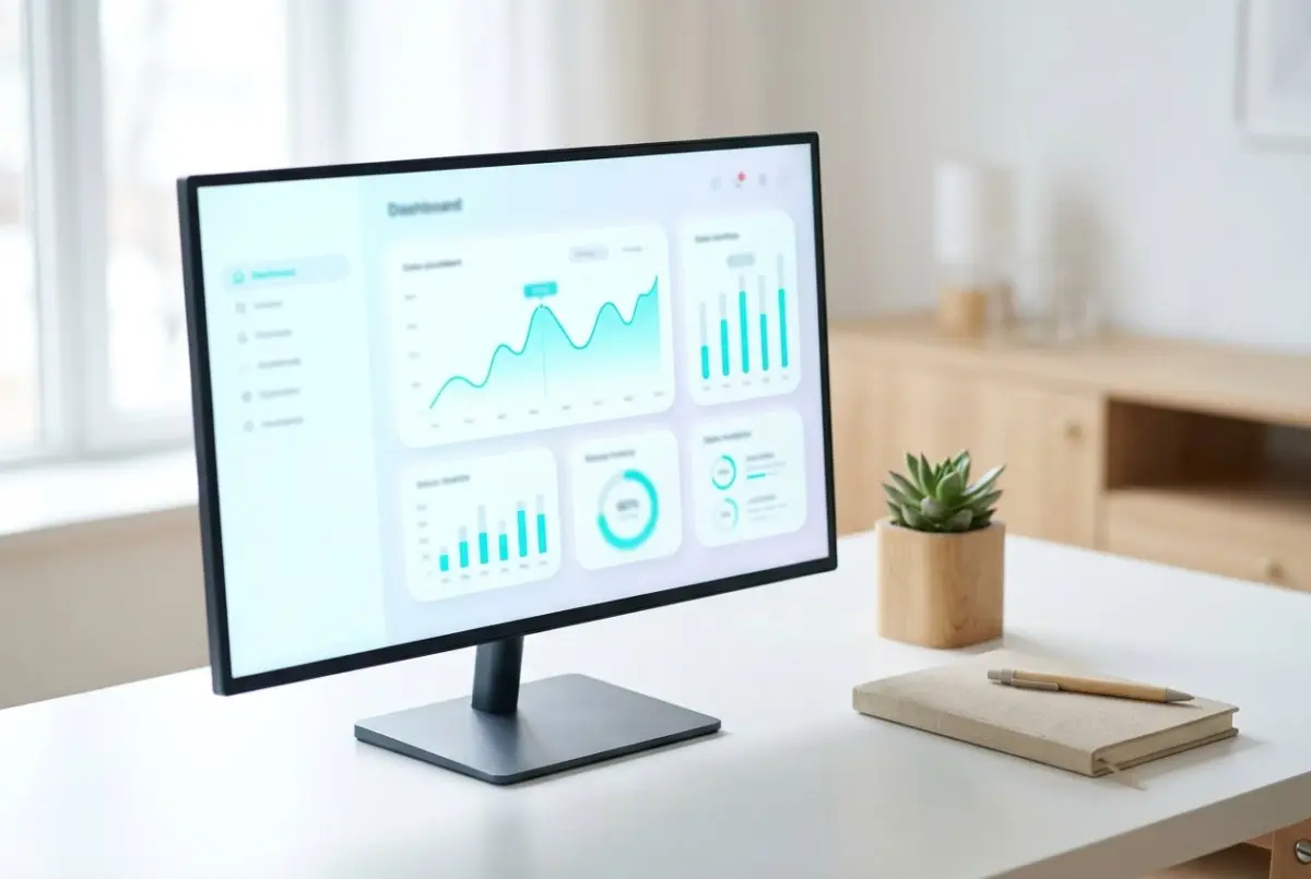 Monitor auf hellem Schreibtisch zeigt Statistiken und Diagramme in Türkis