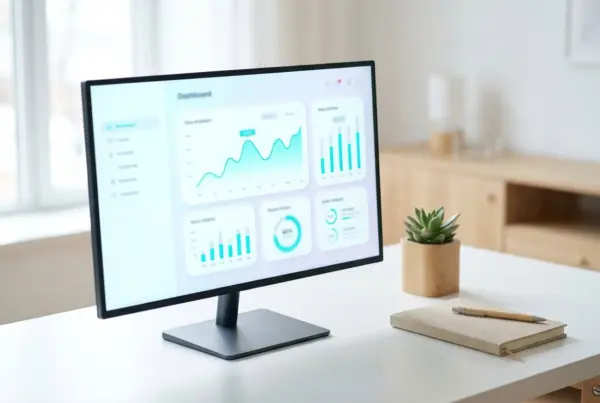 Monitor auf hellem Schreibtisch zeigt Statistiken und Diagramme in Türkis