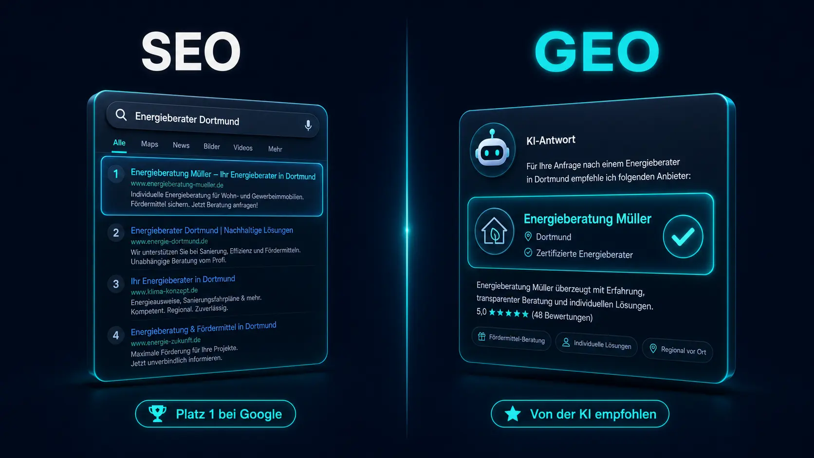 Vergleich SEO und GEO: links Google-Trefferliste, rechts KI-Antwort empfiehlt Energieberatung Müller