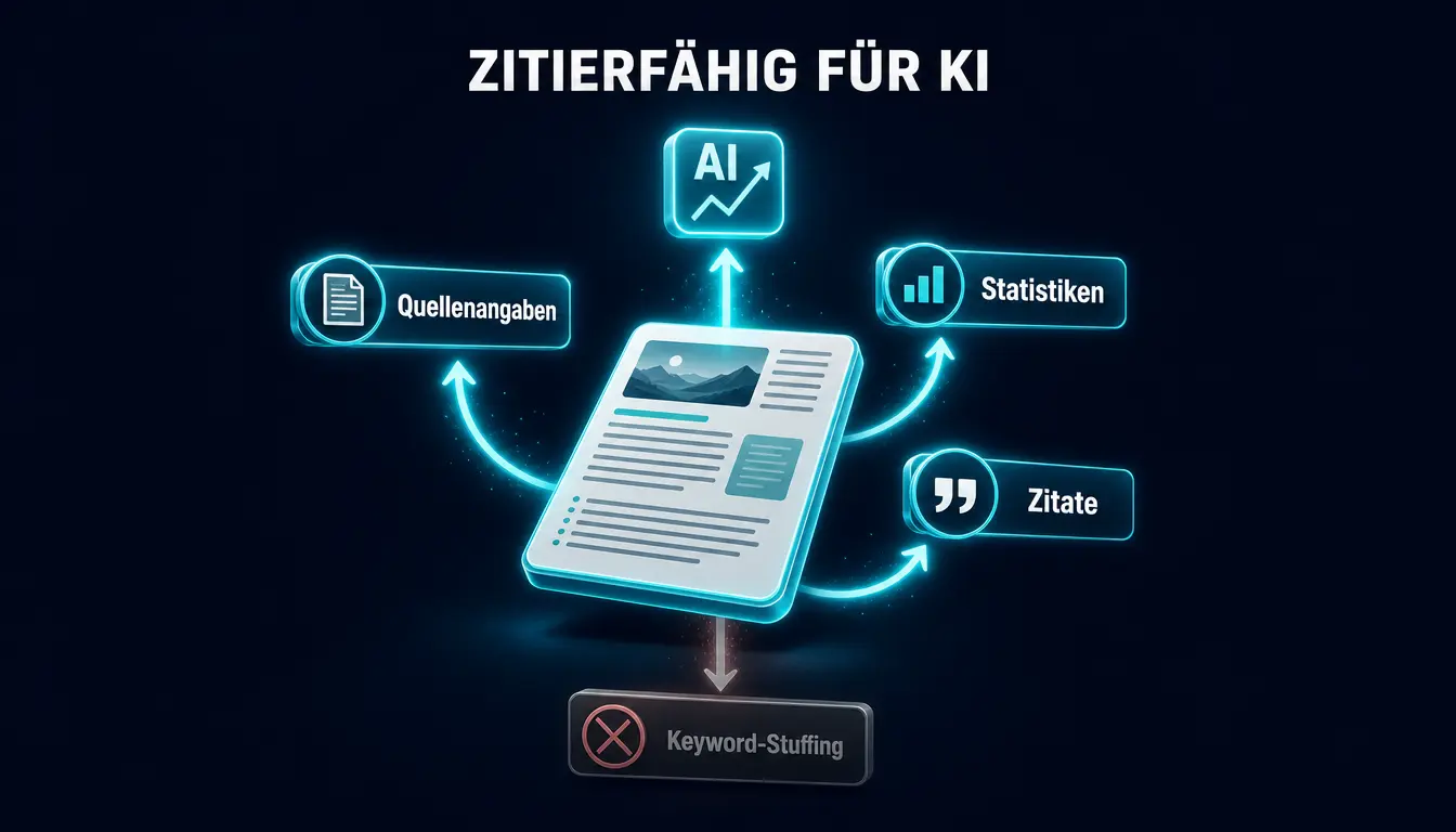 Zitierfähige Inhalte für KI: Quellenangaben, Statistiken und Zitate stärken das Dokument, Keyword-Stuffing wird abgewertet