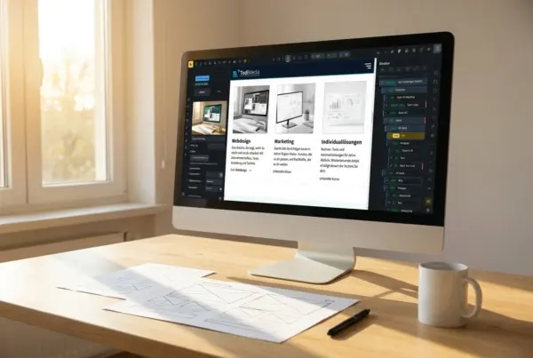 Monitor mit Website-Editor, davor Wireframe-Skizzen und Stift auf Holztisch