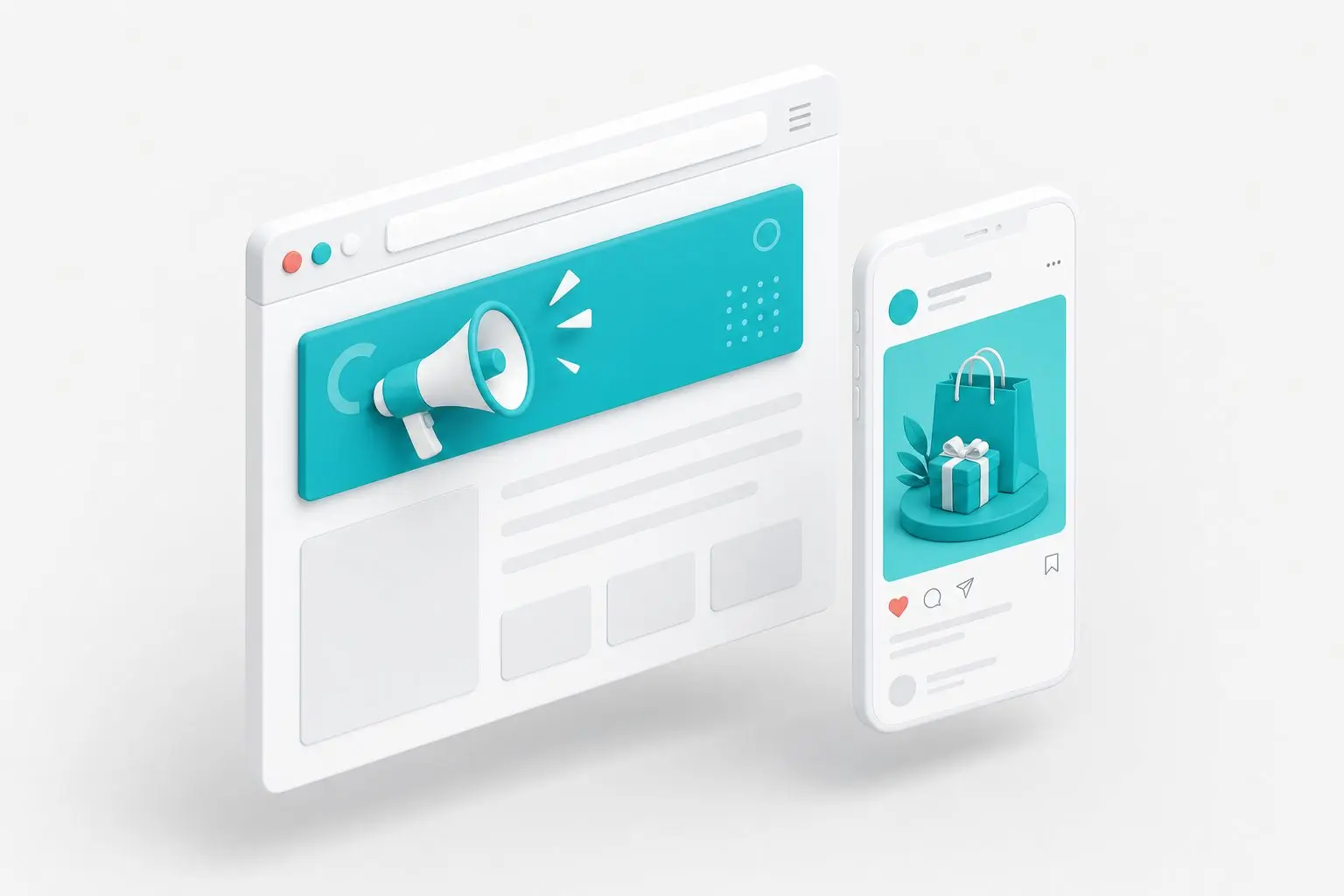 Browserfenster mit Werbebanner und Smartphone mit Anzeige im Social-Media-Feed