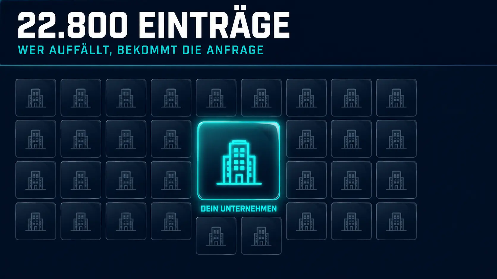 Raster aus vielen gleichen Firmen-Icons mit einem hervorgehobenen leuchtenden Icon als eigenes Unternehmen – KI-generiertes Bild