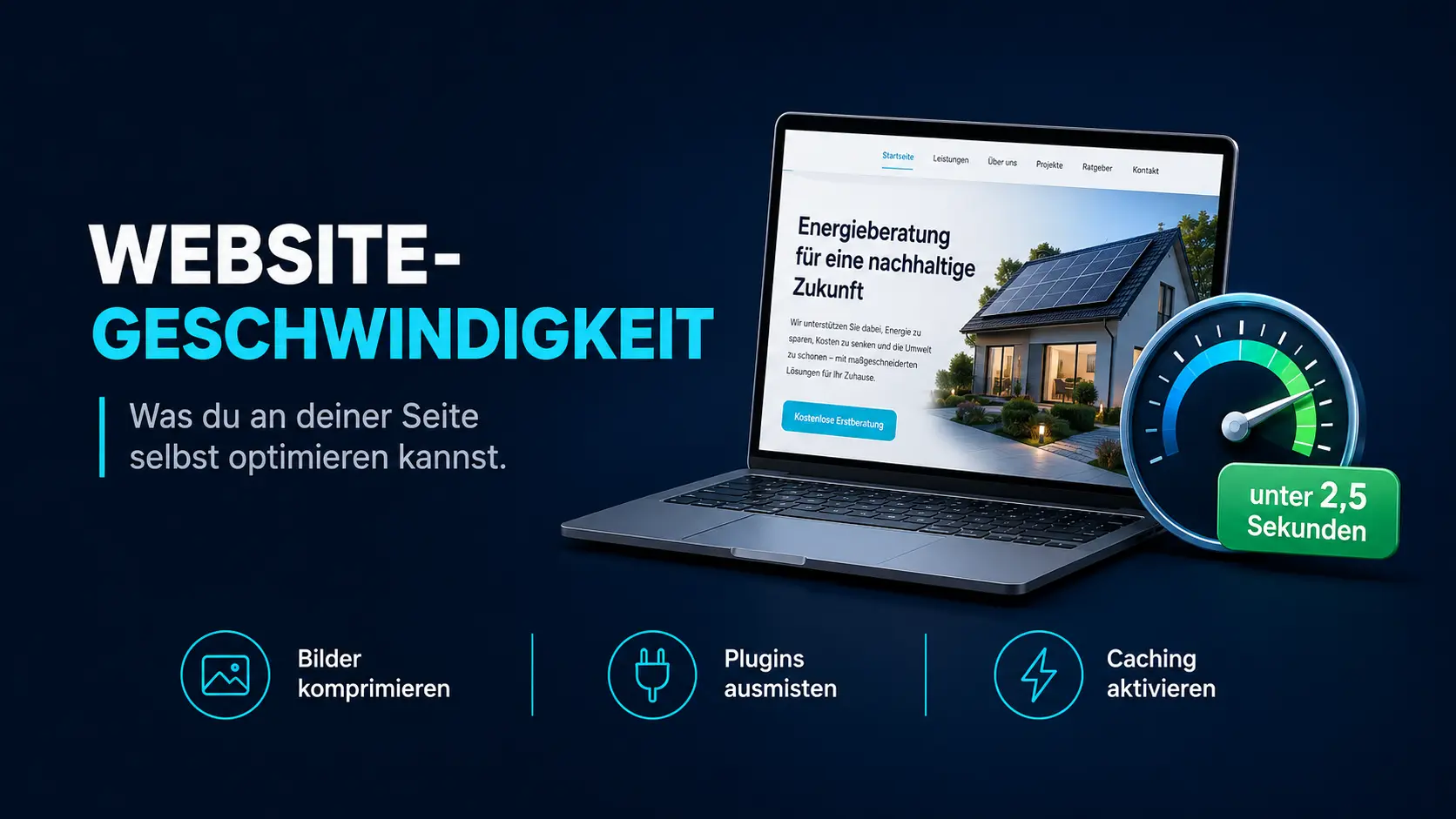 Laptop mit fertiger Energieberater-Website, Tacho im grünen Bereich und drei Optimierungs-Icons – KI-generiertes Bild