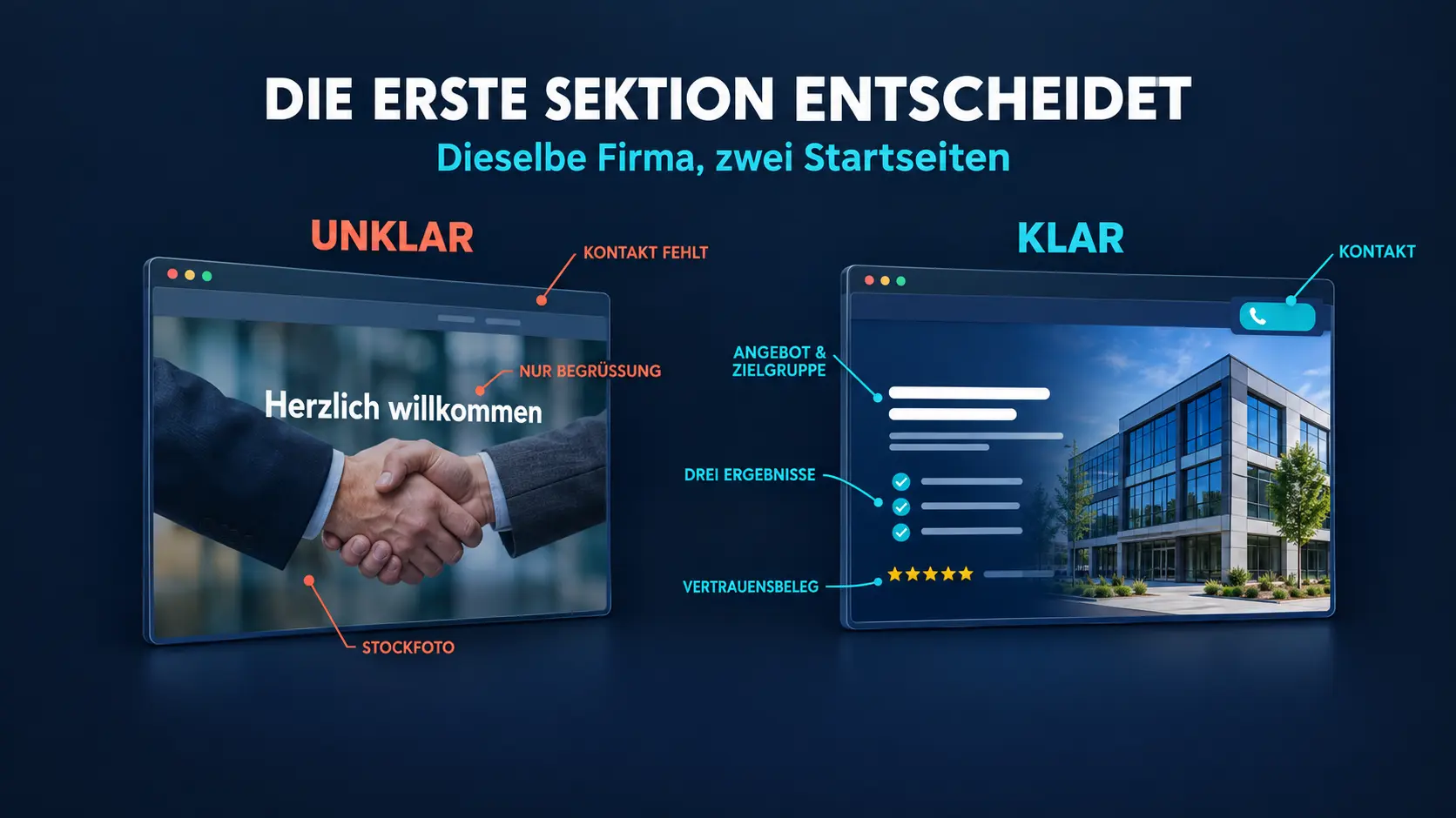 Vergleich zweier erster Sektionen: links Herzlich willkommen auf Stockfoto, rechts Angebot, Ergebnisse, Bewertung und Kontakt – KI-generiertes Bild