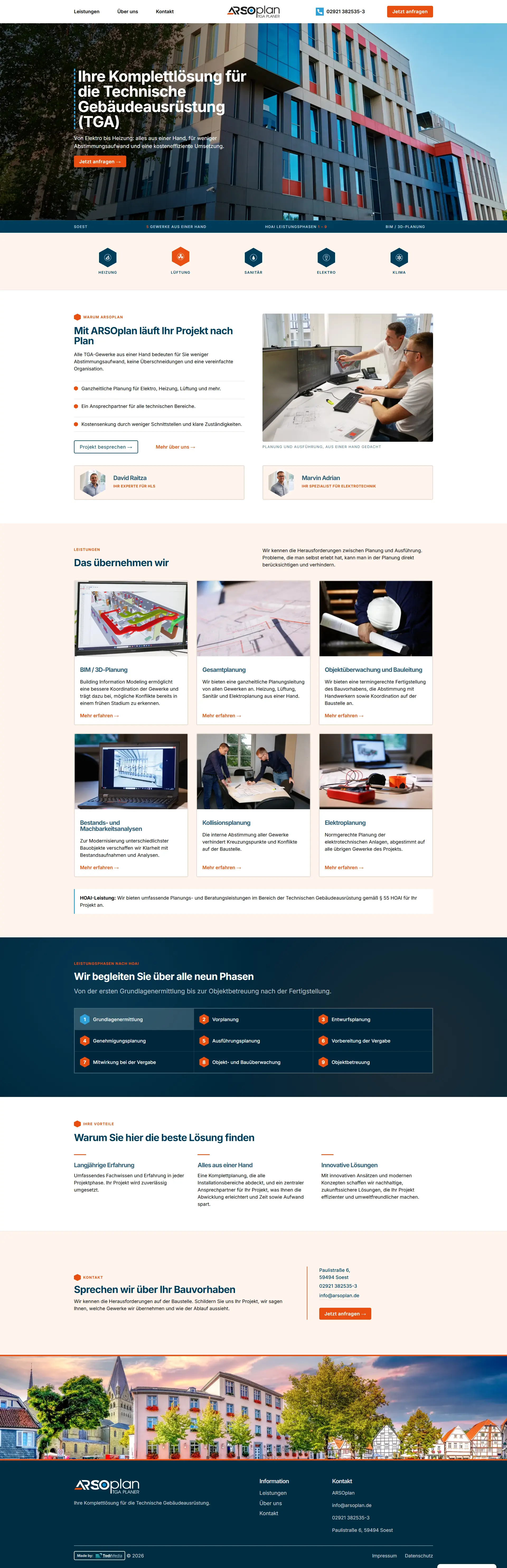 Screenshot der Website von ARSOplan, Planung der Technischen Gebäudeausrüstung