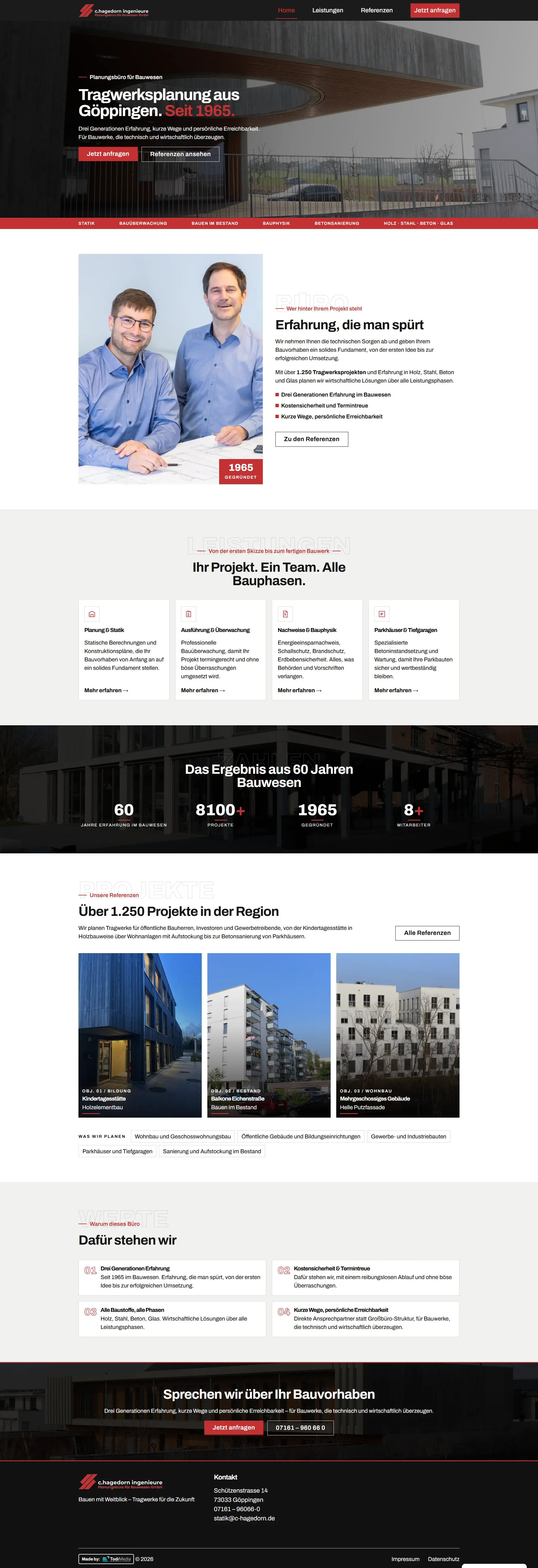 Screenshot der Website von c.hagedorn, Tragwerksplanung aus Göppingen